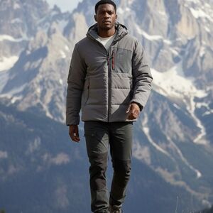 Men's Gray Insulated And Hooded Hiking Jacket